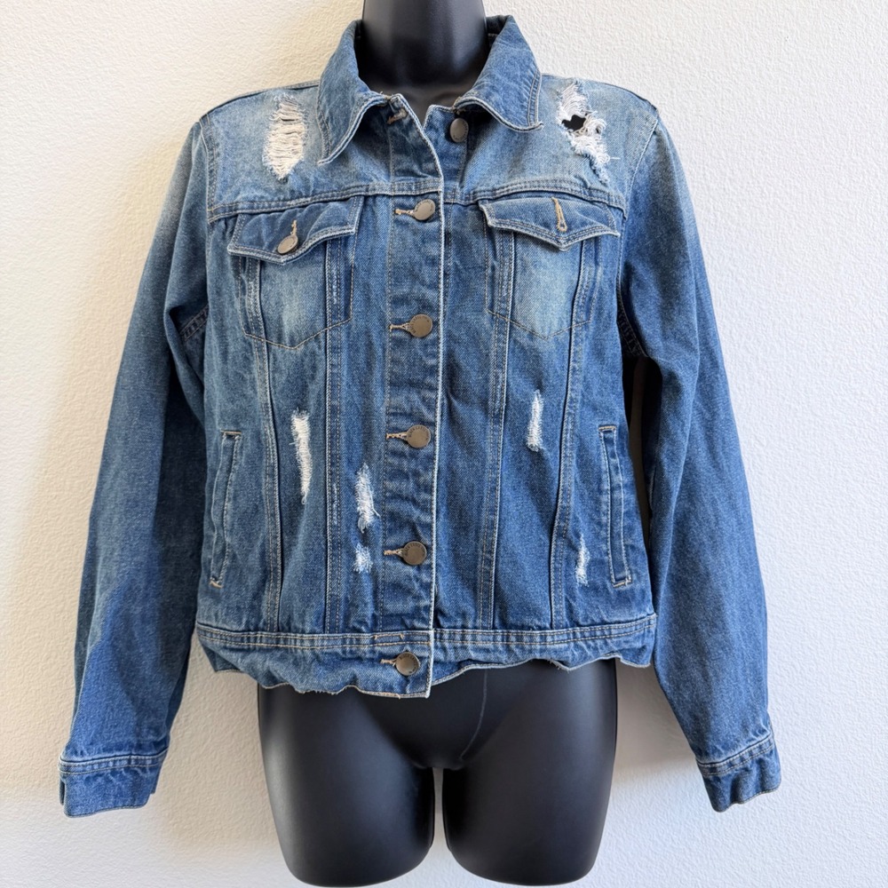 Black Label C'est Toi Distressed Denim Trucker Jacket Medium Wash Blue CTB212J M